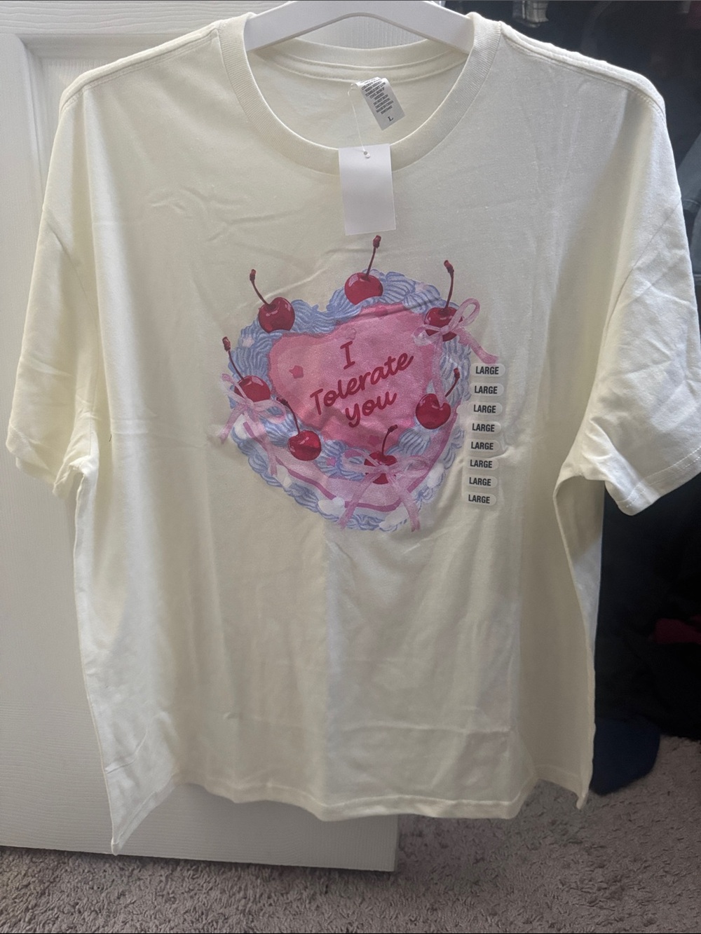 Cream Short-Sleeve Graphic Tee with Pink Heart and Cherry Motif